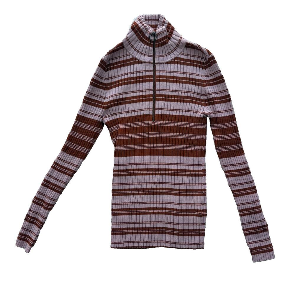 Maeve By Anthropologie Women’s Size XS striped Retro Zip Up Ribbed Sweater Pink